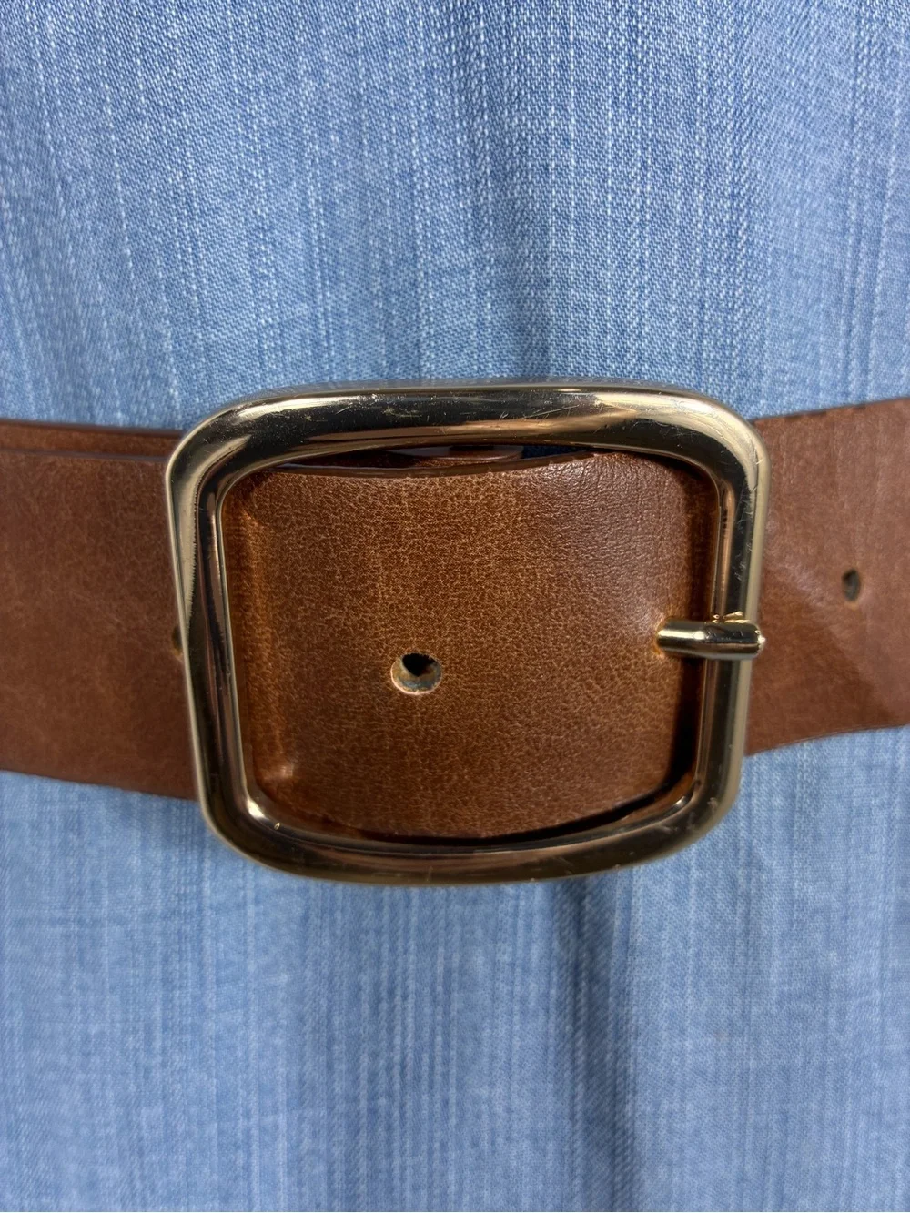 Womens belt 37” long brown faux leather gold squared buckle